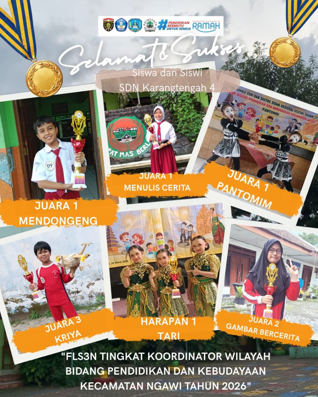 Selamat! Siswa SDN Karangtengah 4 Ngawi Berhasil Memborong Piala Pada FLS3N Tingkat Kecamatan Ngawi Tahun 2026